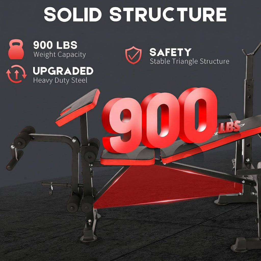 OPPSDECOR 900lbs 6 in 1 Weight Bench Set with Squat Rack, Workout Bench with Leg Extension Preacher Curl Rack Multi-Function Bench Press Set for Home Gym, ZWX1113 New Version Weight Bench