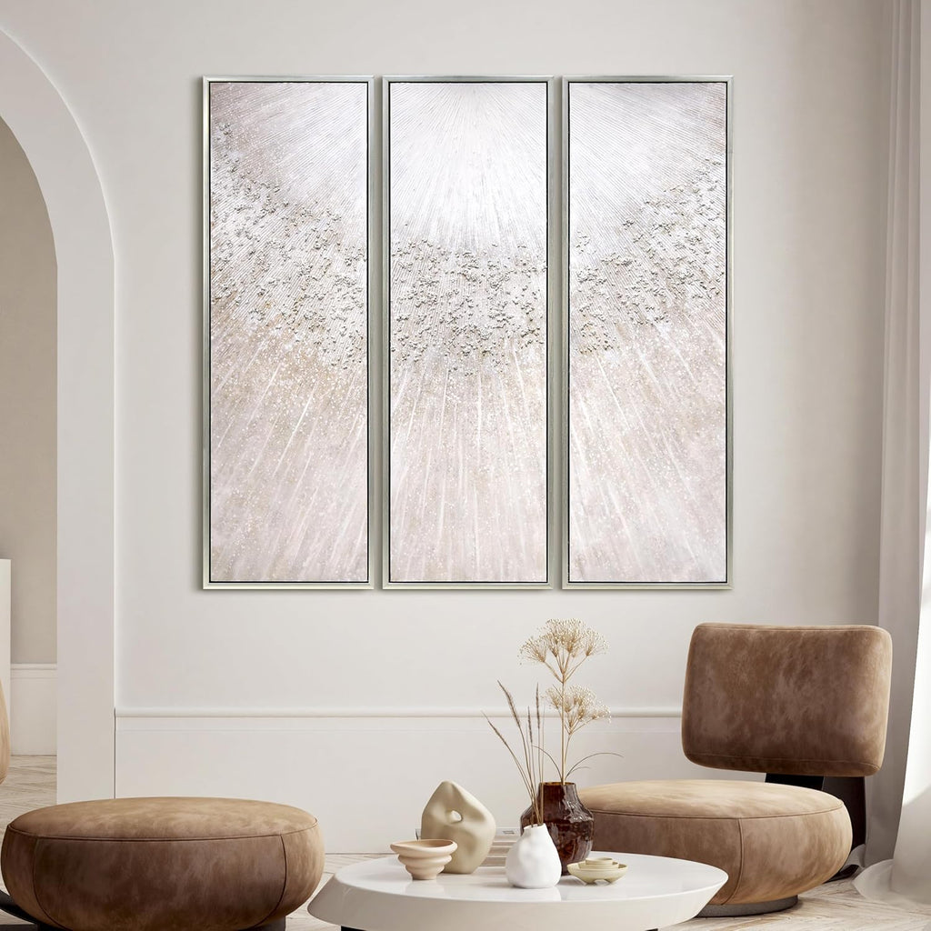 Empire Art Direct Silver Radiant Trio Textured Glitter Hand Painted Framed Canvas Wall Art with Silver Leaf, Ready to Hang, Living Room, Bedroom & Office, 20'x60'x1.5' each