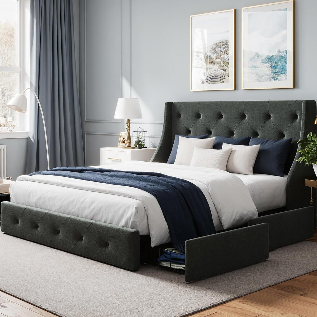 WEEWAY Upholstered Full Size Bed Frame with 4 Storage Drawers and Wingback Headboard, Button Tufted Design, No Box Spring Needed, Easy Assembly, Dark Grey