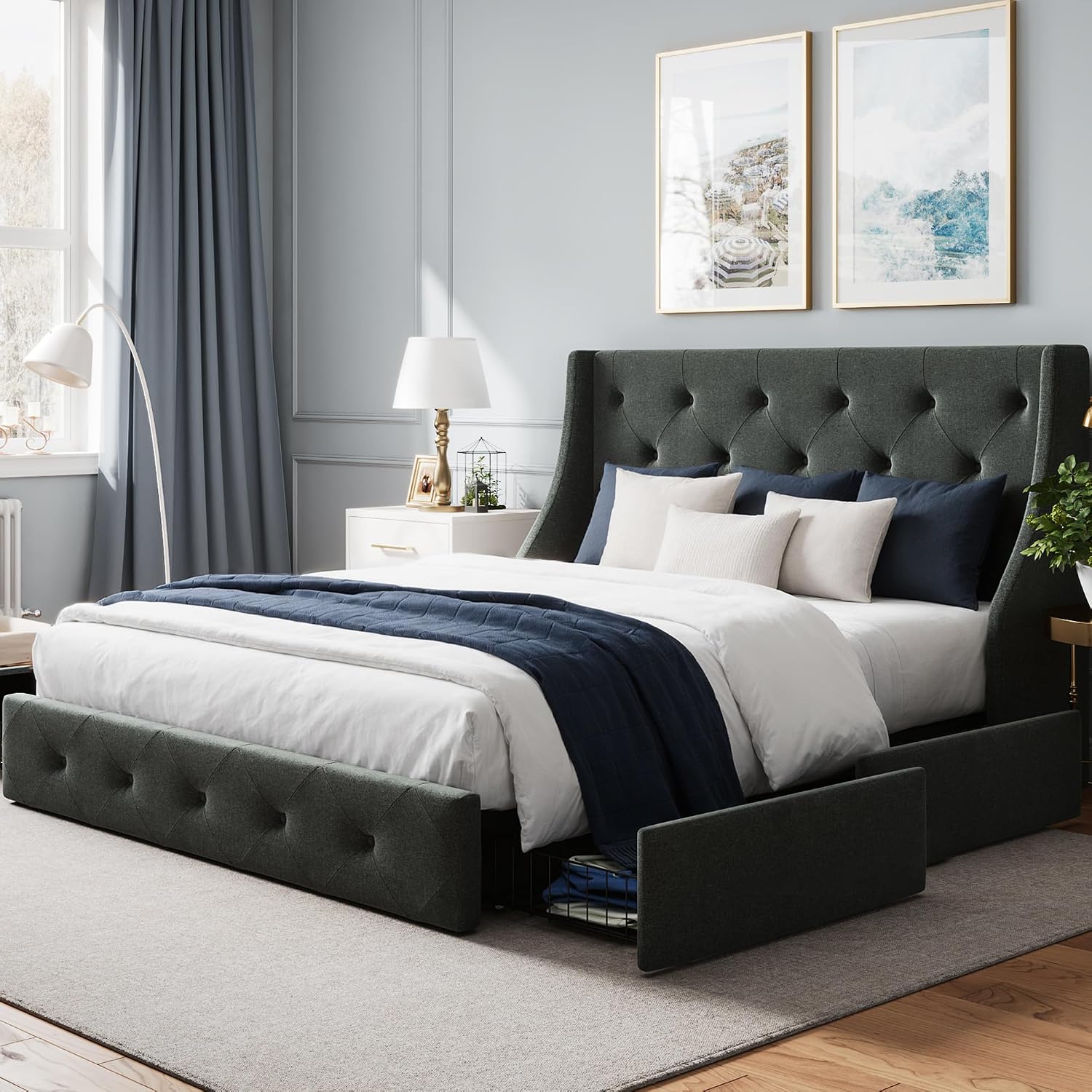 WEEWAY Upholstered Full Size Bed Frame with 4 Storage Drawers and Wingback Headboard, Button Tufted Design, No Box Spring Needed, Easy Assembly, Dark Grey