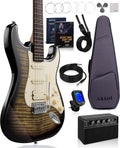 AKLOT Beginner Electric Guitar Kit: 10W Amp, Coil-Split HSS Pickups, Lesson Book, Roasted Maple Neck, Gig Bag, Tuner, Strap, Picks, Stryde Obsidian Black
