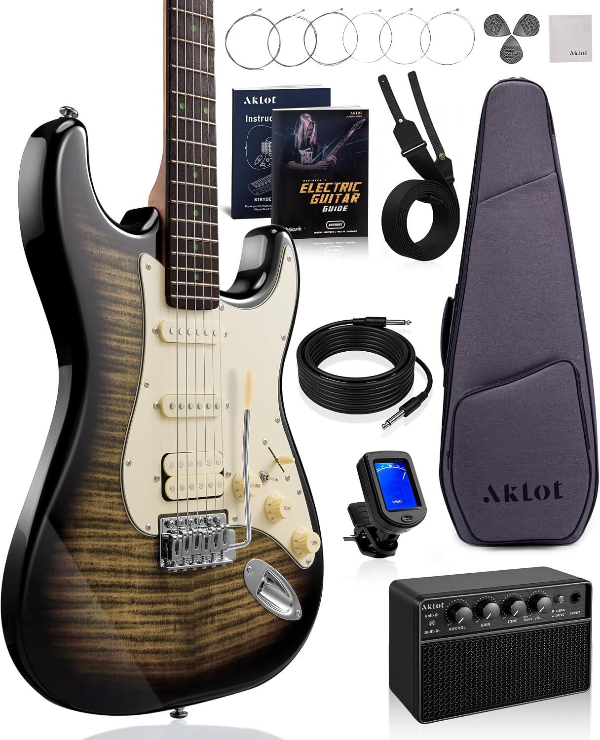 AKLOT Beginner Electric Guitar Kit: 10W Amp, Coil-Split HSS Pickups, Lesson Book, Roasted Maple Neck, Gig Bag, Tuner, Strap, Picks, Stryde Obsidian Black