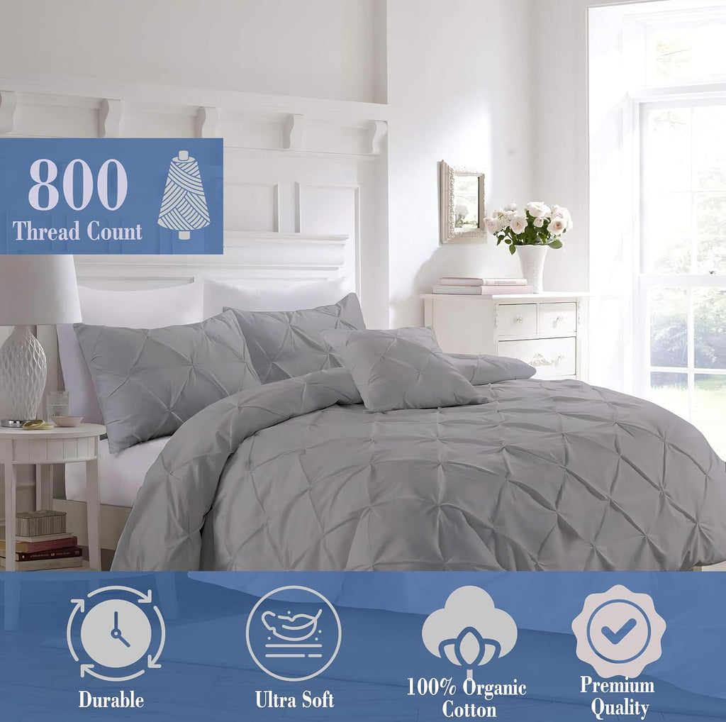 Luxury Silver Pinch Pleated Pintuck Duvet Cover Set Oversized King Plus 120'x128' Size Egyptian Cotton Luxury Soft & Breathable Comforter Cover with Corner Ties & Zipper Closure
