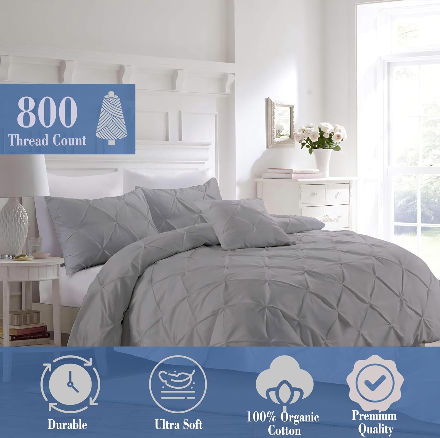 Luxury Silver Pinch Pleated Pintuck Duvet Cover Set Oversized King Plus 120'x128' Size Egyptian Cotton Luxury Soft & Breathable Comforter Cover with Corner Ties & Zipper Closure