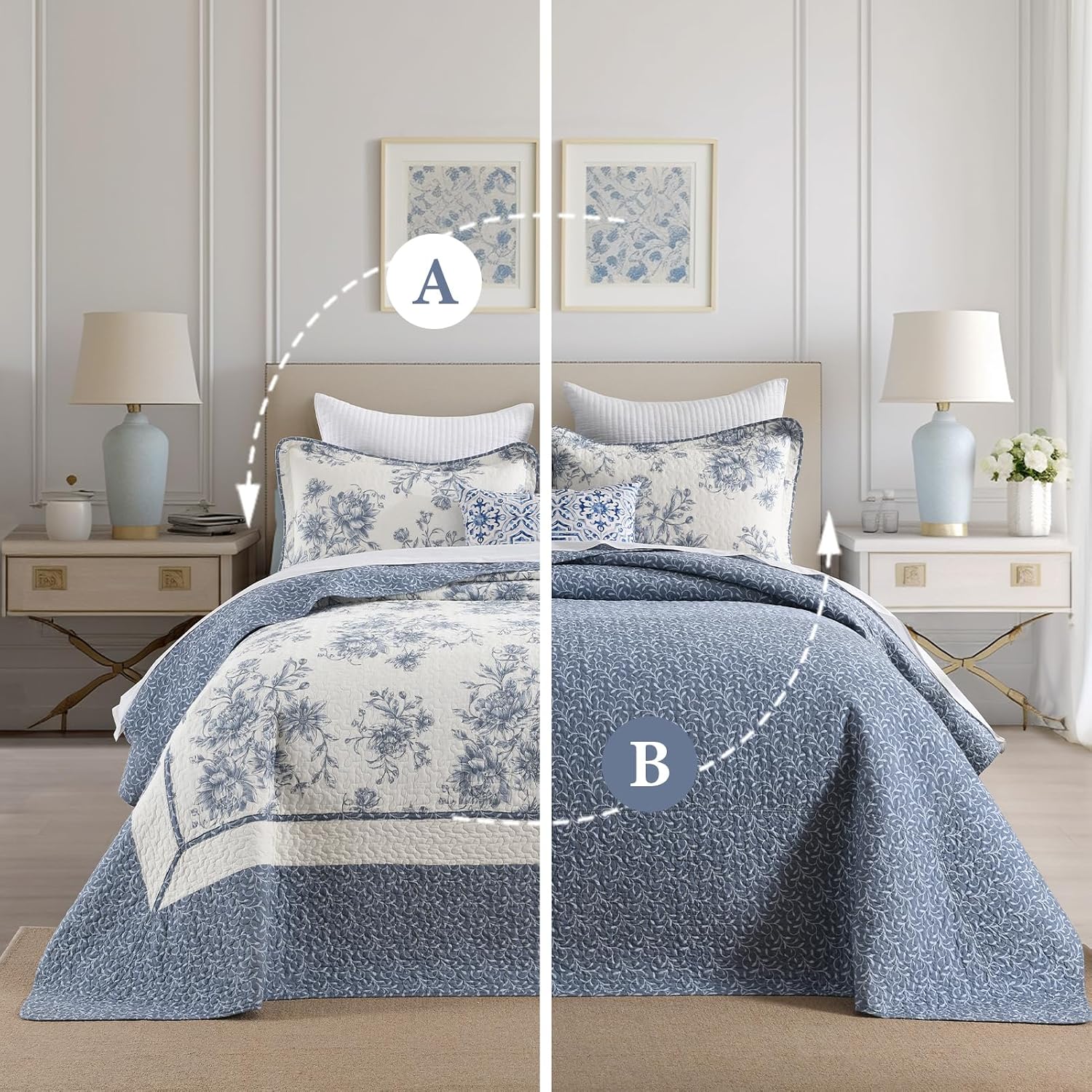 Floral Bedspread 128'x120' California King Bedspread, 100% Cotton XL Oversized King Quilt with 2 Pillowshams, Lightweight Garden Quilted Bedspreads Coverlet Set, Blue/Cream, 3 Pcs