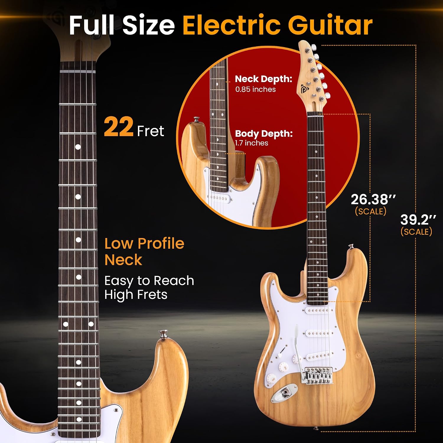 Pyle Left Handed Electric Guitar and Amp Kit - Full Size 39' Starter Kit with Wearable Bluetooth Amplifier, 1/4' Cable, Zip Case, Strap, Strings, Picks, Cleaning Cloth, ST-Style, (Natural Lefty)