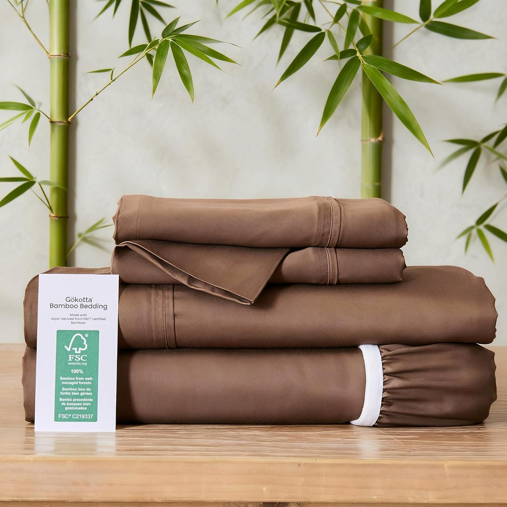 GOKOTTA 4-Pcs King Size Sheets Set, 100% Rayon Derived from Bamboo, 16 Inch Deep Pocket King Sheets with Elastic Corner Straps, Cooling Sheets for Hot Sleepers - Silky Soft & Breathable - Cocoa Brown