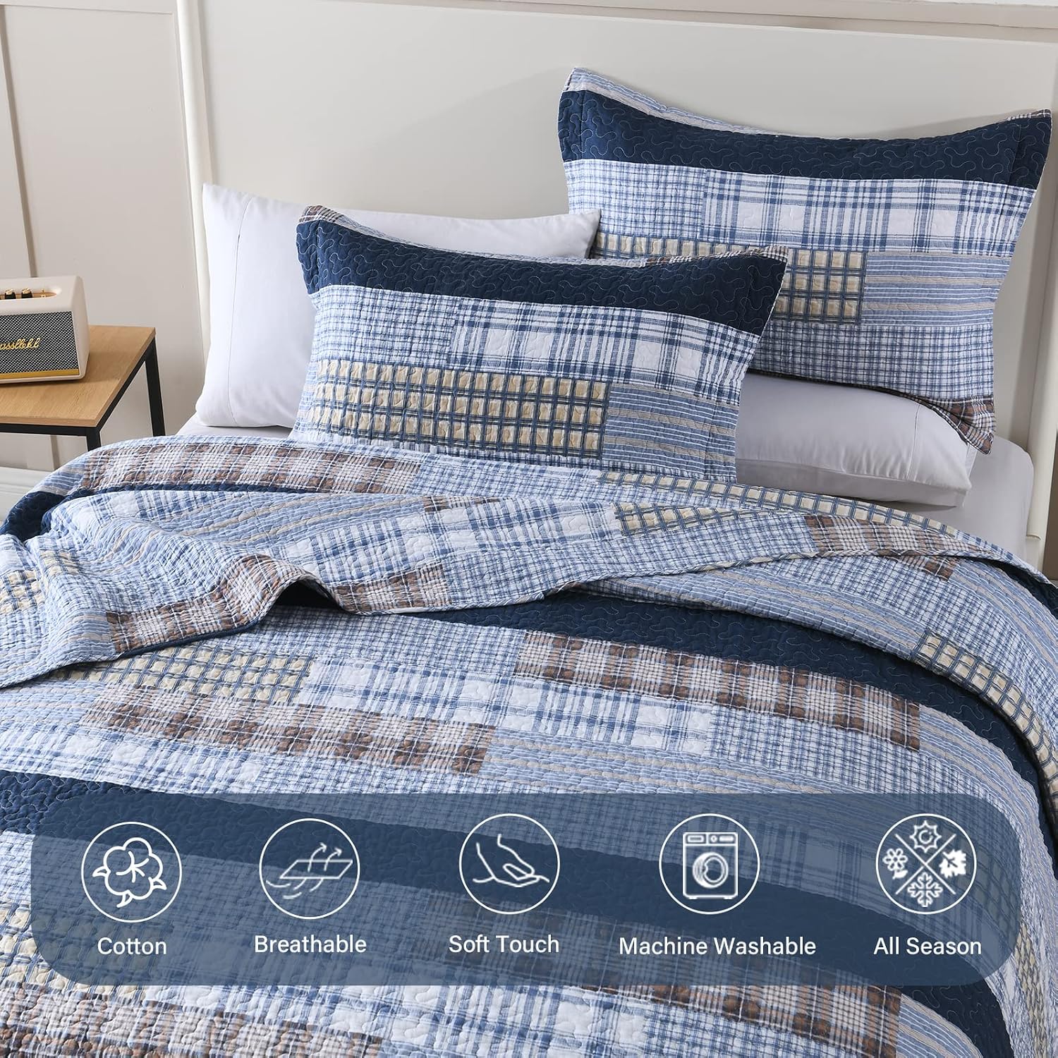 Finlonte Quilt King Size 100% Cotton King Size Quilts Blue Beige White Bedspreads Plaid Quilts Lightweight Soft Breathable Bedding Sets for All Season, 3 Piece