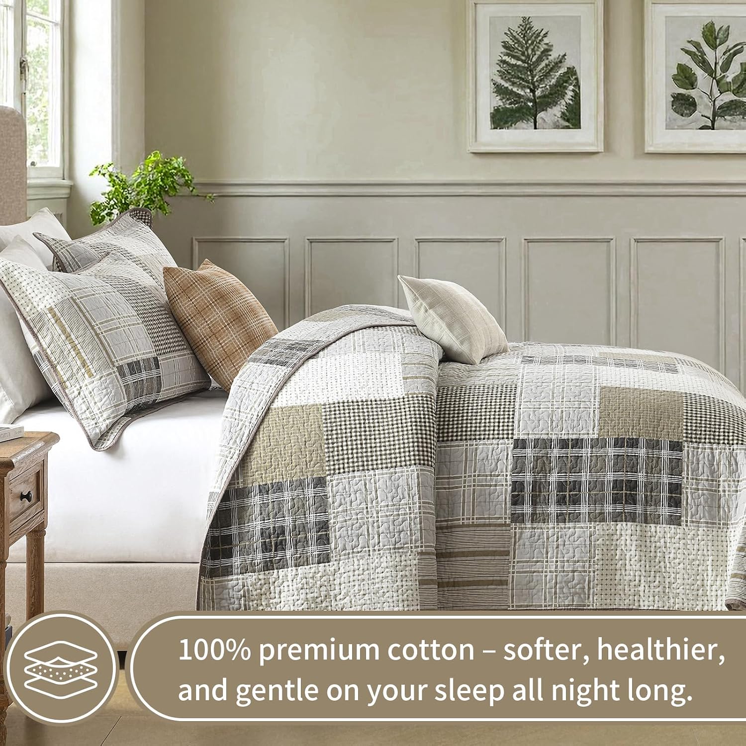 KALOOLA 100% Cotton 5-Pieces Quilt Set Queen Size, All Season Lightweight Quilted Bedspread with 2 Shams 2 Decorative Pillow Covers, Farmhouse Bedding Coverlet for Queen Bed, Beige/Cream/Brown