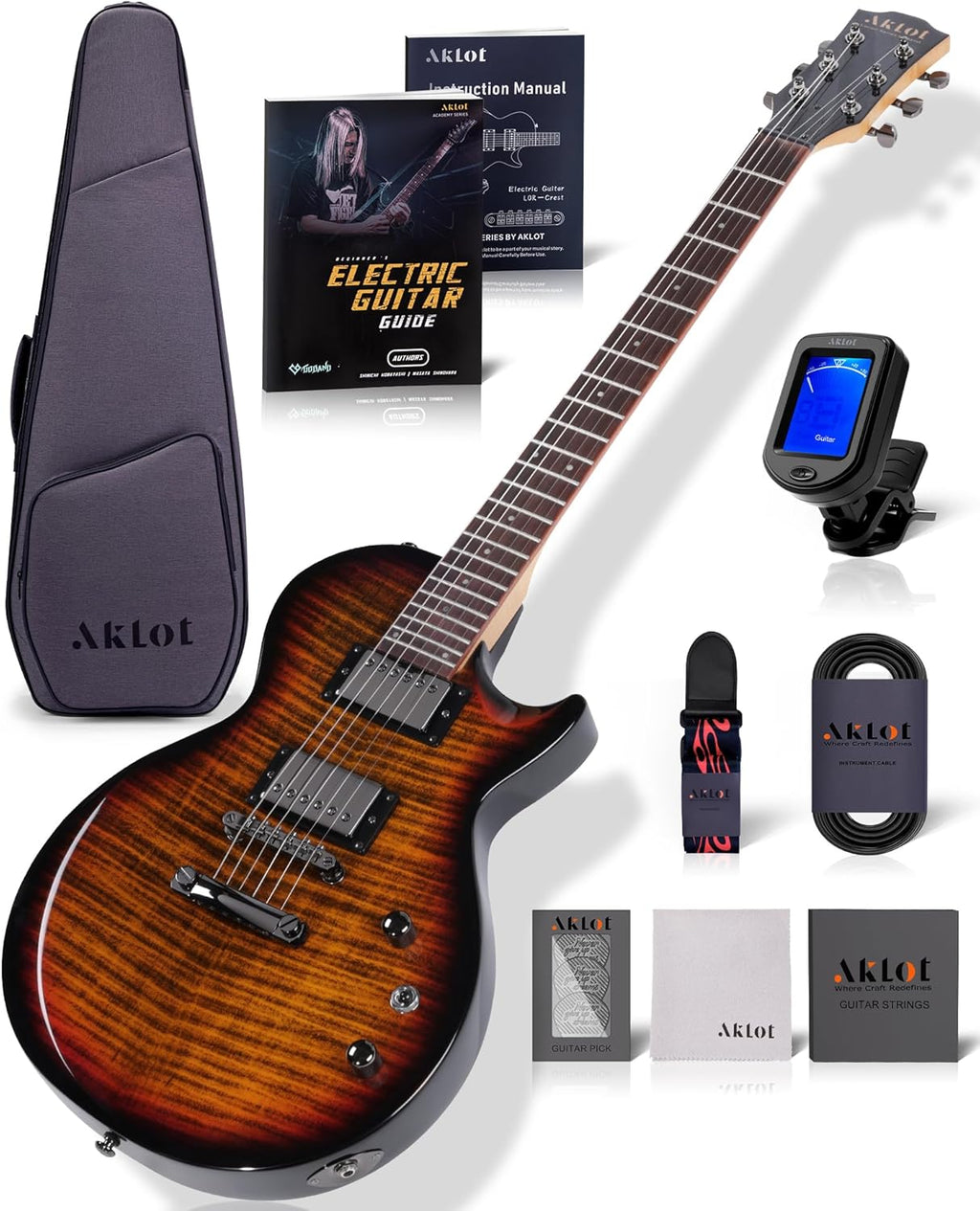 AKLOT 24-Fret Electric Guitar Kit – Single Cut (LP Style), Modern Playability with Coil-Split Humbucker Pickups, Essential Accessories Included, Inferno Burst