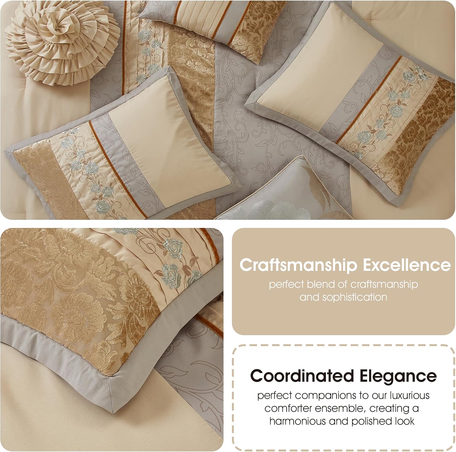 Grand Avenue Sand King Comforter Set, Piecework with Flocking Embroidery Bedding, Floral 7 Pieces Comforters, Bedskirt, Pillows & Shams