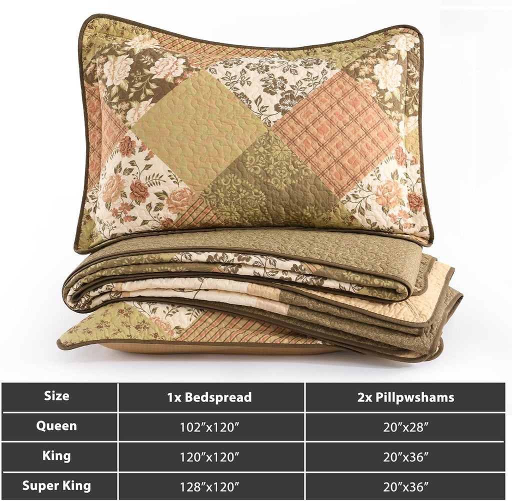 Floral Bedspread 120'x120' Oversized King Bedspread, 100% Cotton California King Quilt with 2 Pillow Shams, Lightweight Farmhouse Quilted Bedspreads Coverlet Set, Brown, 3 Pcs