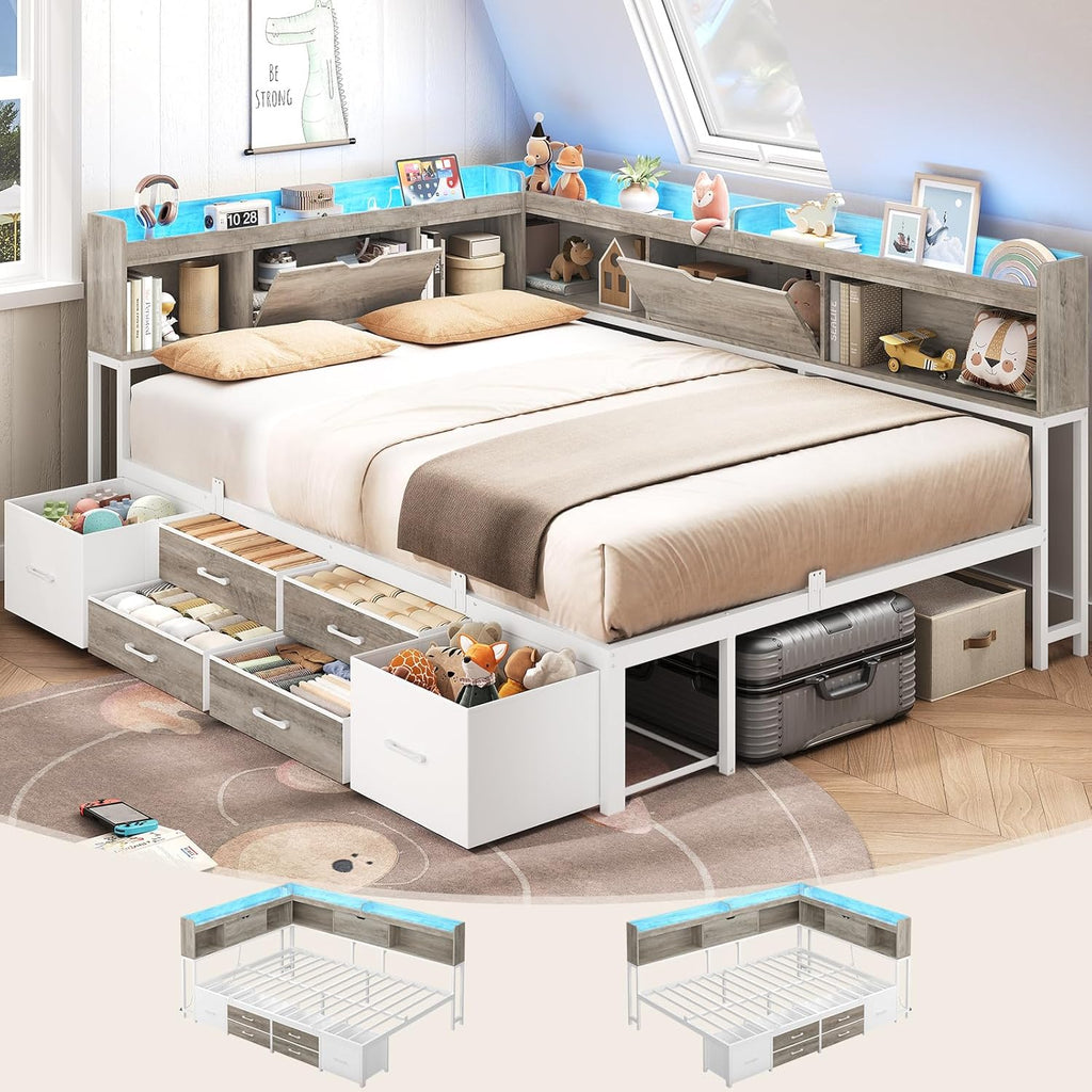 AOGLLATI Full Size Corner Bed Frame with 6 Storage Drawers and Bookcase Hidden Headboard, Full Bed Frame Metal Platform Daybed with Charging Station and LED Lights for Kids Teens, Grey
