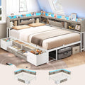 AOGLLATI Full Size Corner Bed Frame with 6 Storage Drawers and Bookcase Hidden Headboard, Full Bed Frame Metal Platform Daybed with Charging Station and LED Lights for Kids Teens, Grey