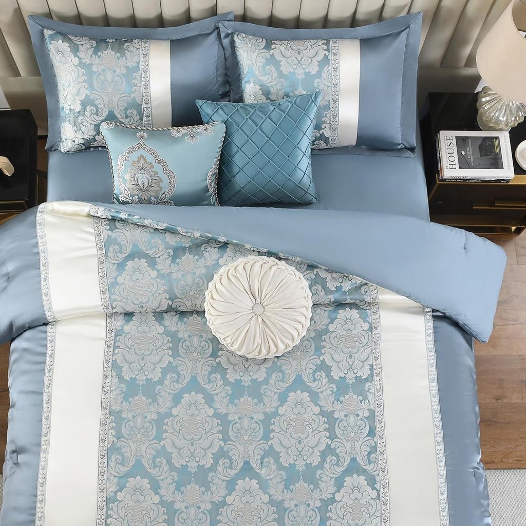 Queen Jacquard Comforter Set Teal Blue Cream - Luxury 7-Piece Bed in a Bag, Damask Patchwork Design, All Season Faux Silk Soft Fluffy Bedding with Bed Skirt, Shams, Pillows, 90'x90'