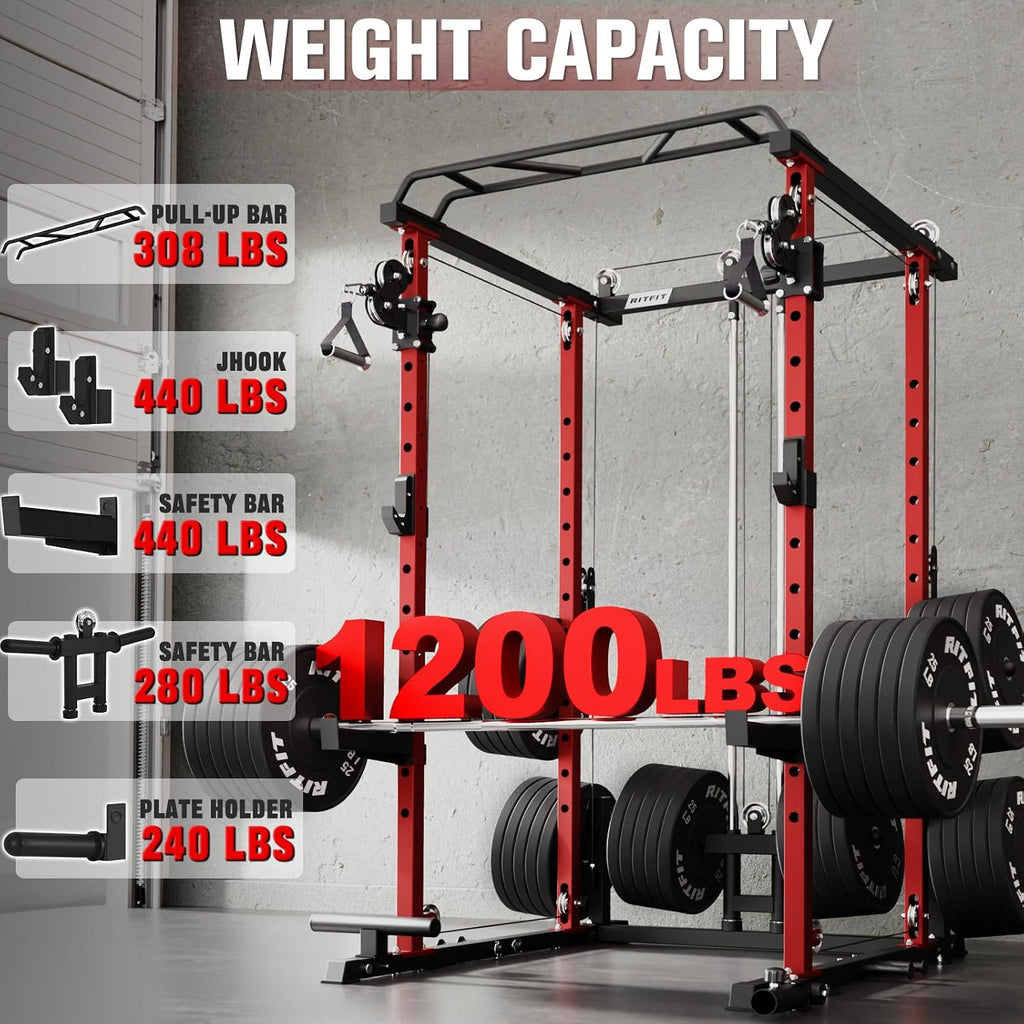 RitFit Multi-Function Garage & Home Gym Package Includes 1200LBS Power Cage PPC03/P3 with Cable Crossover System, Weight Bench, Olympic Barbell Weight Set, Full Body Workout