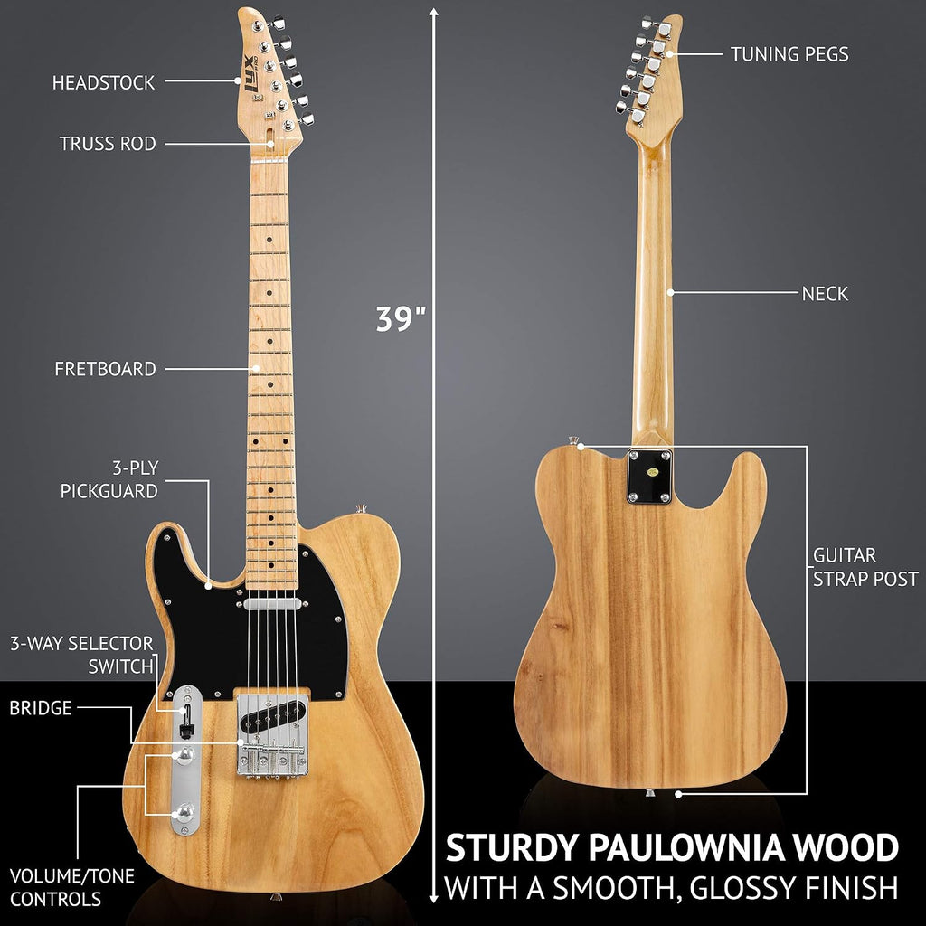 LyxPro 39' Electric Guitar Left Hand TL Series, Full-Size Paulownia Wood Body, 3-Ply Pickguard, C-Shape Neck, Ashtray Bridge, Quality Gear Tuners, 3-Way Switch & Volume/Tone Controls, 2 Picks, Natural