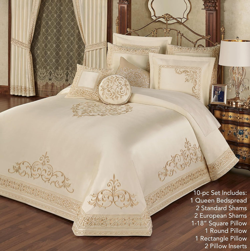 Versailles Luxury Bedding | Classic Pearl | Palace-Inspired French Style Golden Scrollwork Embroidery | 10 Pc Set: Queen Bedspread, 2 Std Shams, 2 Euro Shams, 2 Euro Pillow Inserts & 3 Pillows