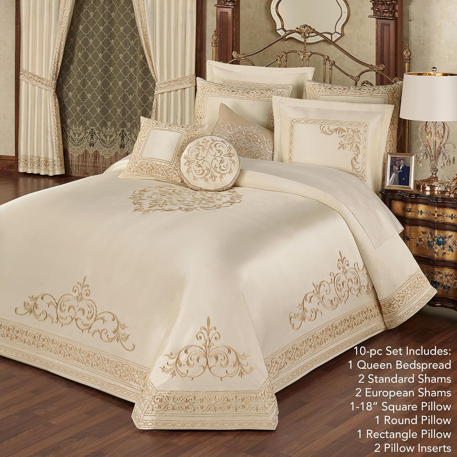 Versailles Luxury Bedding | Classic Pearl | Palace-Inspired French Style Golden Scrollwork Embroidery | 10 Pc Set: Queen Bedspread, 2 Std Shams, 2 Euro Shams, 2 Euro Pillow Inserts & 3 Pillows