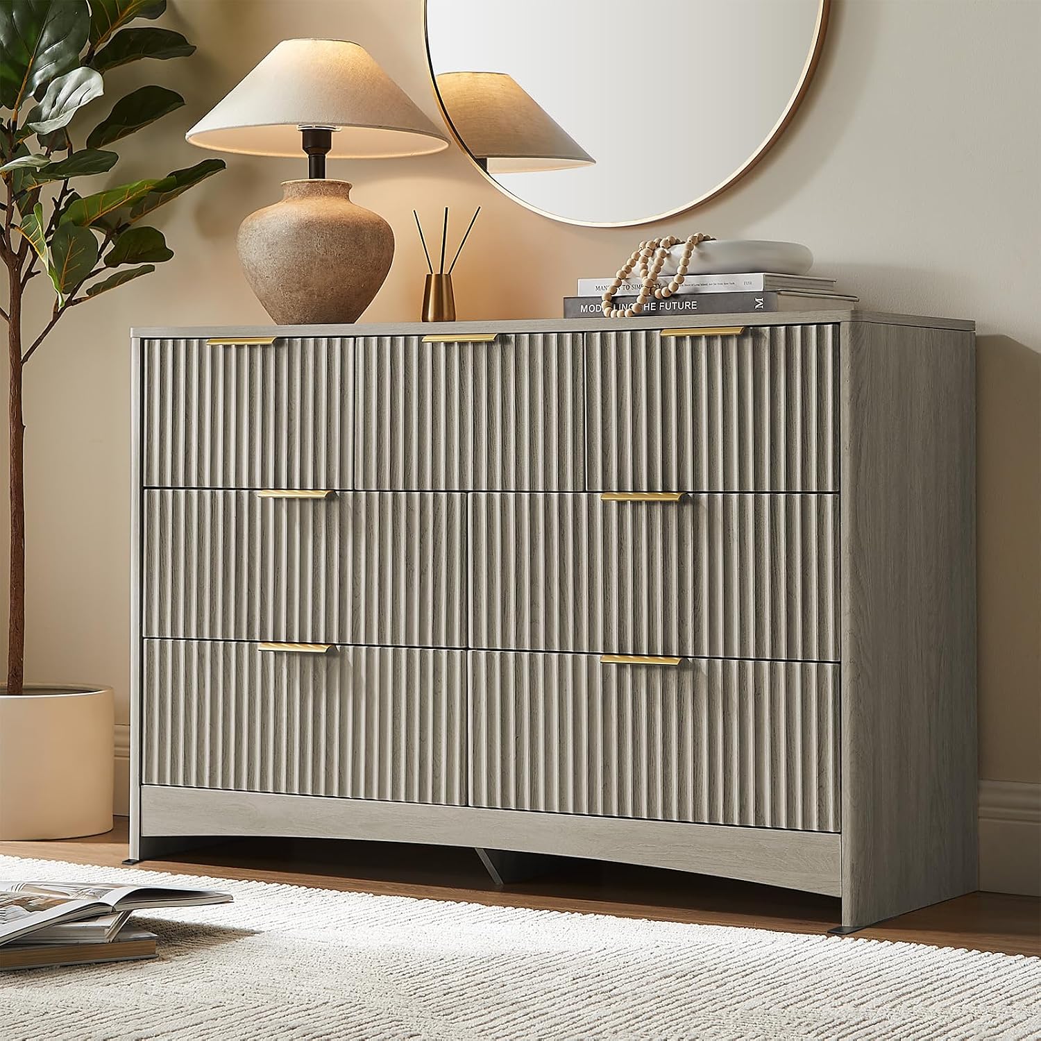 Pipishell Fluted 7 Drawers Dresser for Bedroom, 47' Wooden Drawers with Metal Handle, Dressers with Round Corner Design, Closet Storage Organizer for Bedroom, Hallway, Grey