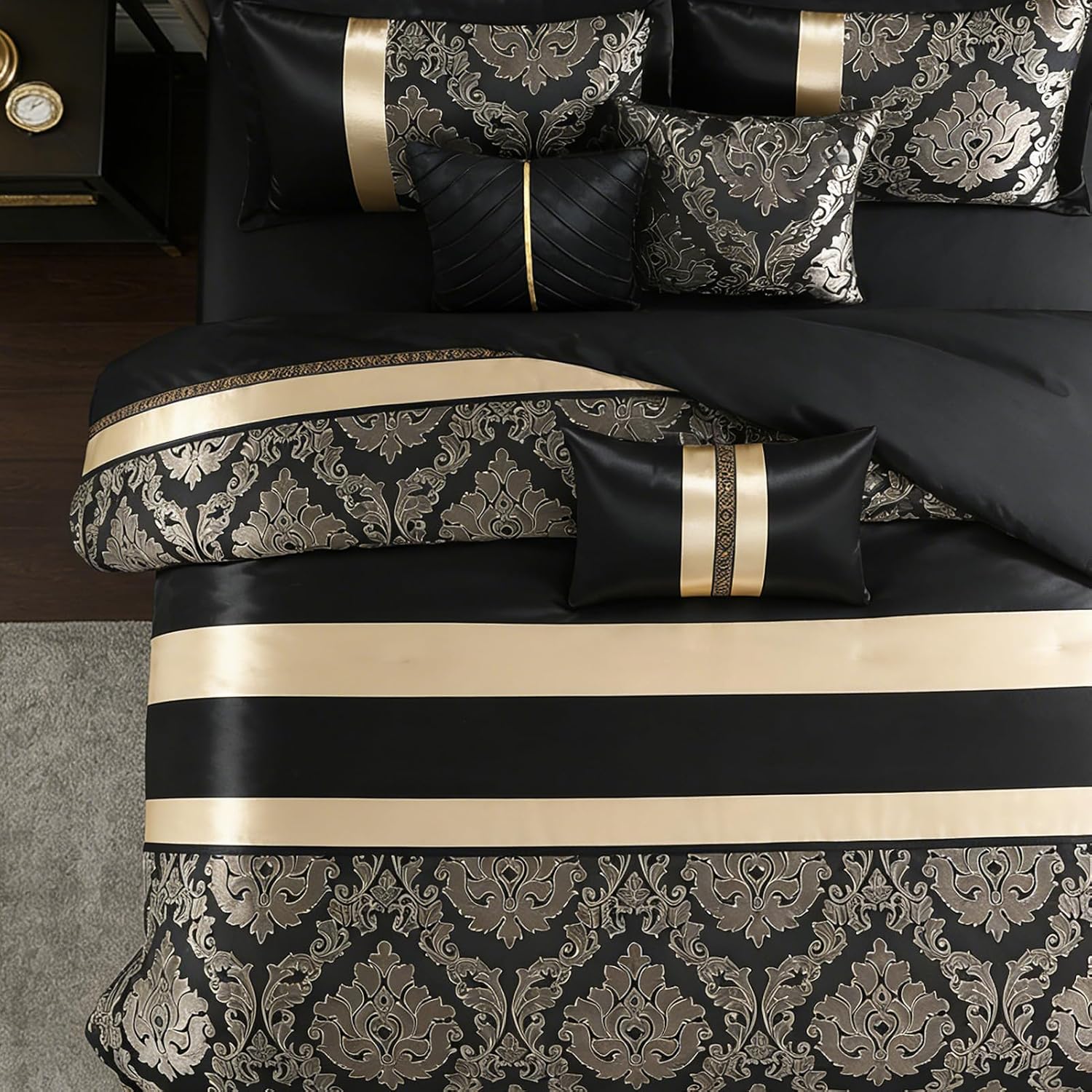 CozyDH Black and Gold Jacquard Comforter Set Queen - 7 Piece Luxury Damask Medallion Patchwork Bed in a Bag, All Season Down Alternative Bedding with Bed Skirt, Shams, Decorative Pillows, 90x90 in