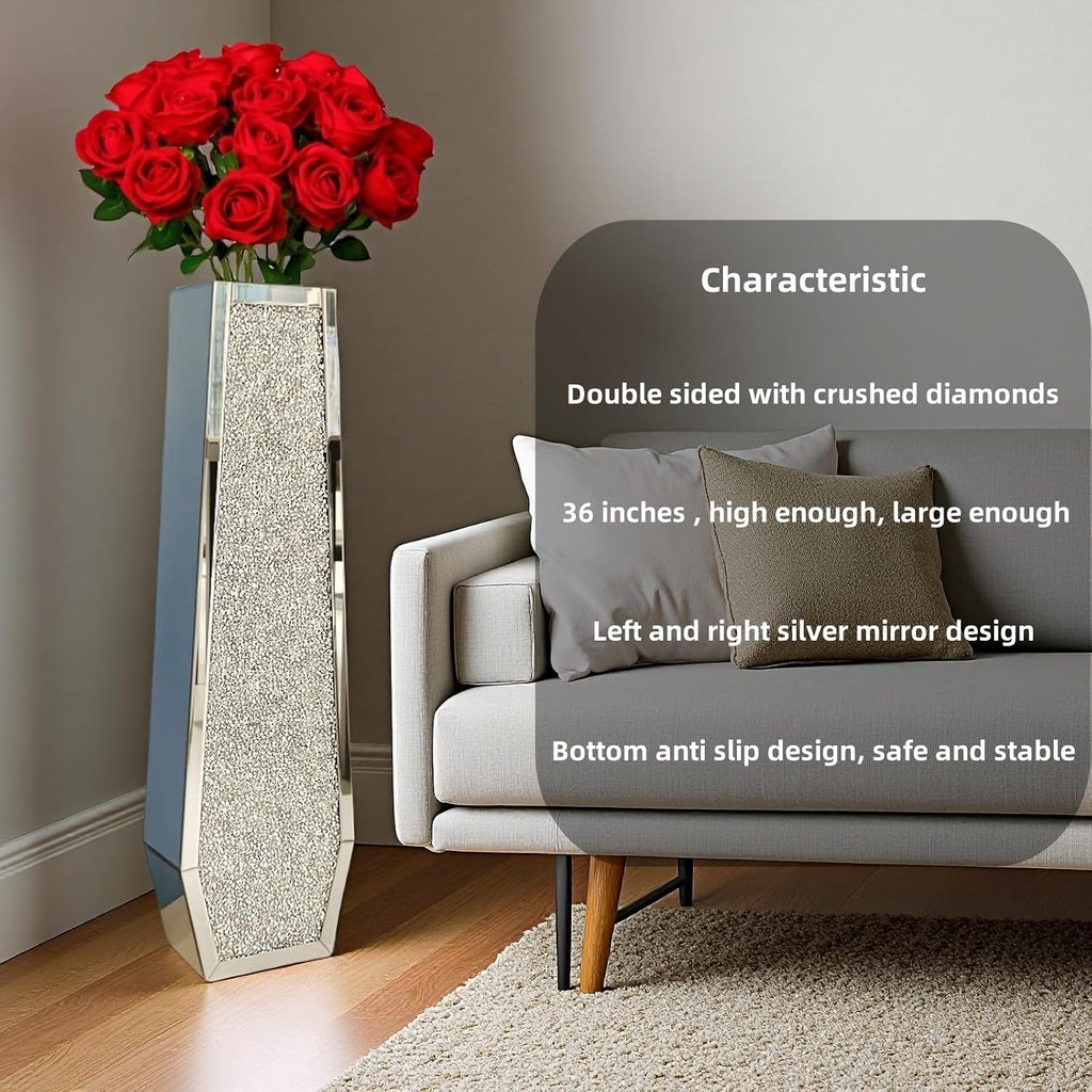 36' Extra Tall Double Sided Crushed Diamond Vases,Six Sided Three-Dimensional Diamond Vase,Extra Large Mirrored Silver Crystal Vase for Home,Office,Hotel(10.6' Lx5.37 W x 36' H)