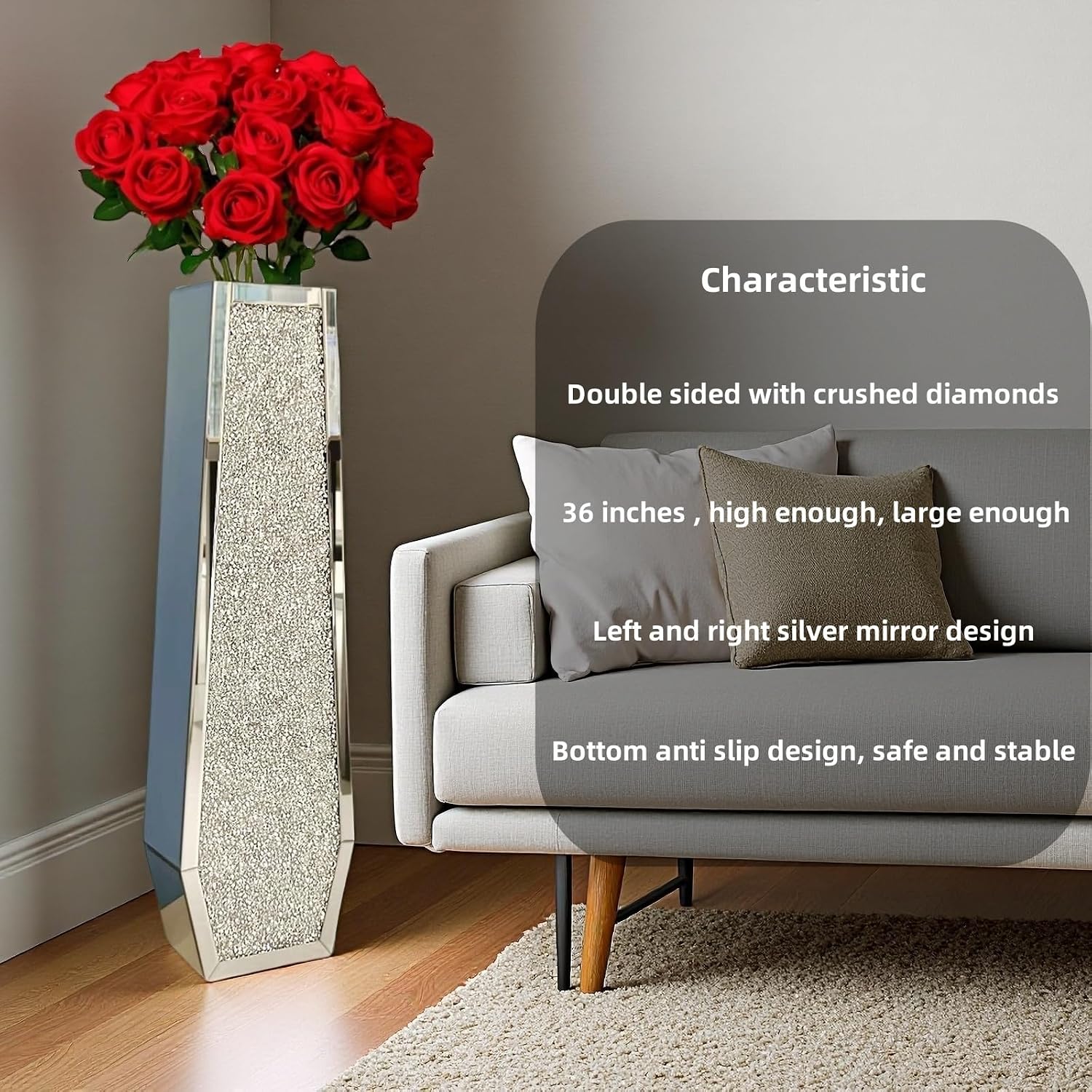 36' Extra Tall Double Sided Crushed Diamond Vases,Six Sided Three-Dimensional Diamond Vase,Extra Large Mirrored Silver Crystal Vase for Home,Office,Hotel(10.6' Lx5.37 W x 36' H)