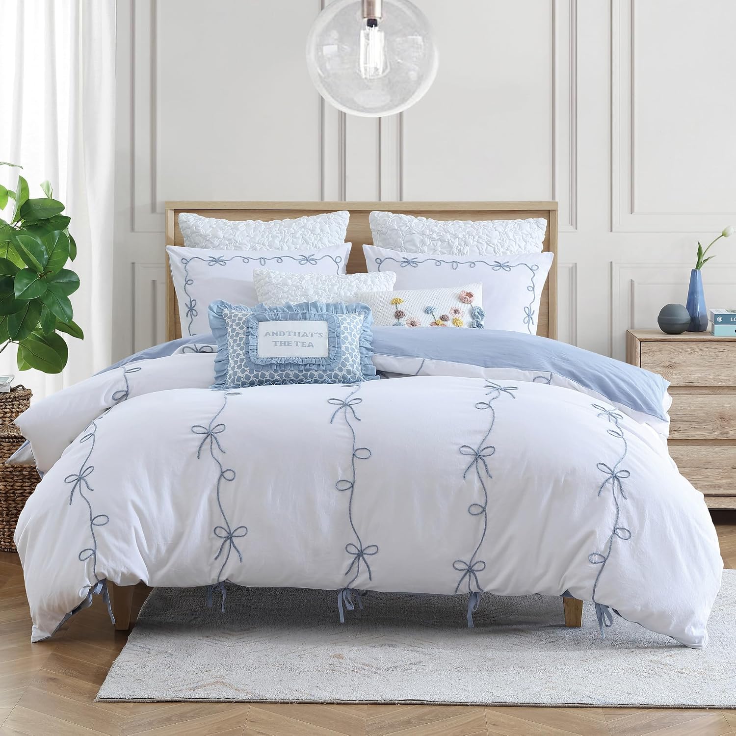 Peri Home Bows Bedding Cottage Core 100% Cotton 2-Piece Comforter and Sham Set, Twin, Blue Sasha Bows