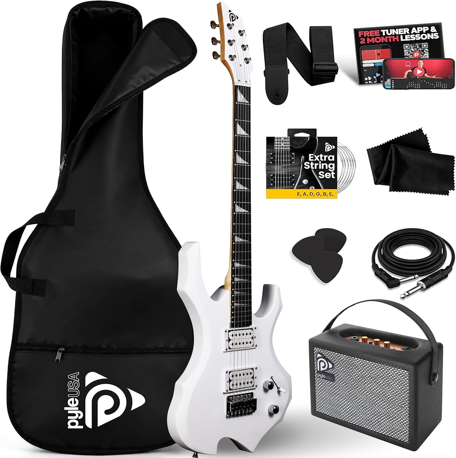 Pyle Heavy Metal EG Fire Electric Guitar Axe w/ Amplifier Kit, Full Size Instrument w/ Practice Amp & Accessories, Metal Axe, White