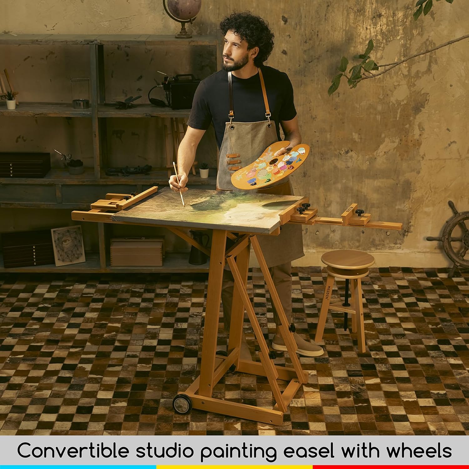 MEEDEN Versatile Studio H-Frame Easel - All Media Adjustable Beech Wood Studio Easel, Painting Floor Easel Stand, Movable and Tilting Flat Available, Holds Canvas Art up to 77'