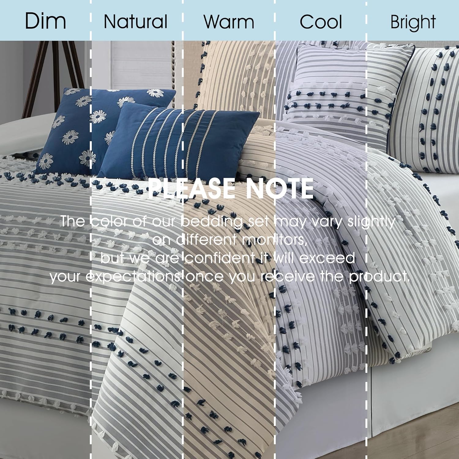 LANCO MODERN LIFESTYLE King Comforter Set, Blue, Jaquard Clip Striped Design, Elegant Soft 7 Pieces Bedding Set for All Seasons, Matching Bedskirt, Pillow Shams and Decor Pillows