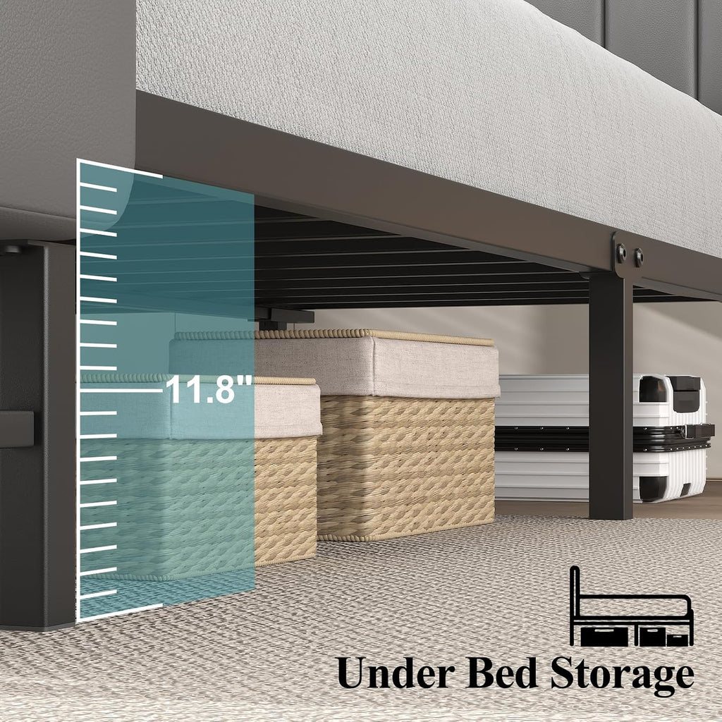 Queen Size Bed Frame with Star Projector & Charging Station, PU Leather Upholstered Platform with 2-Tier Storage Headboard & Storage Ottoman, Metal Support, Noise-Free, No Box Spring Needed, Grey