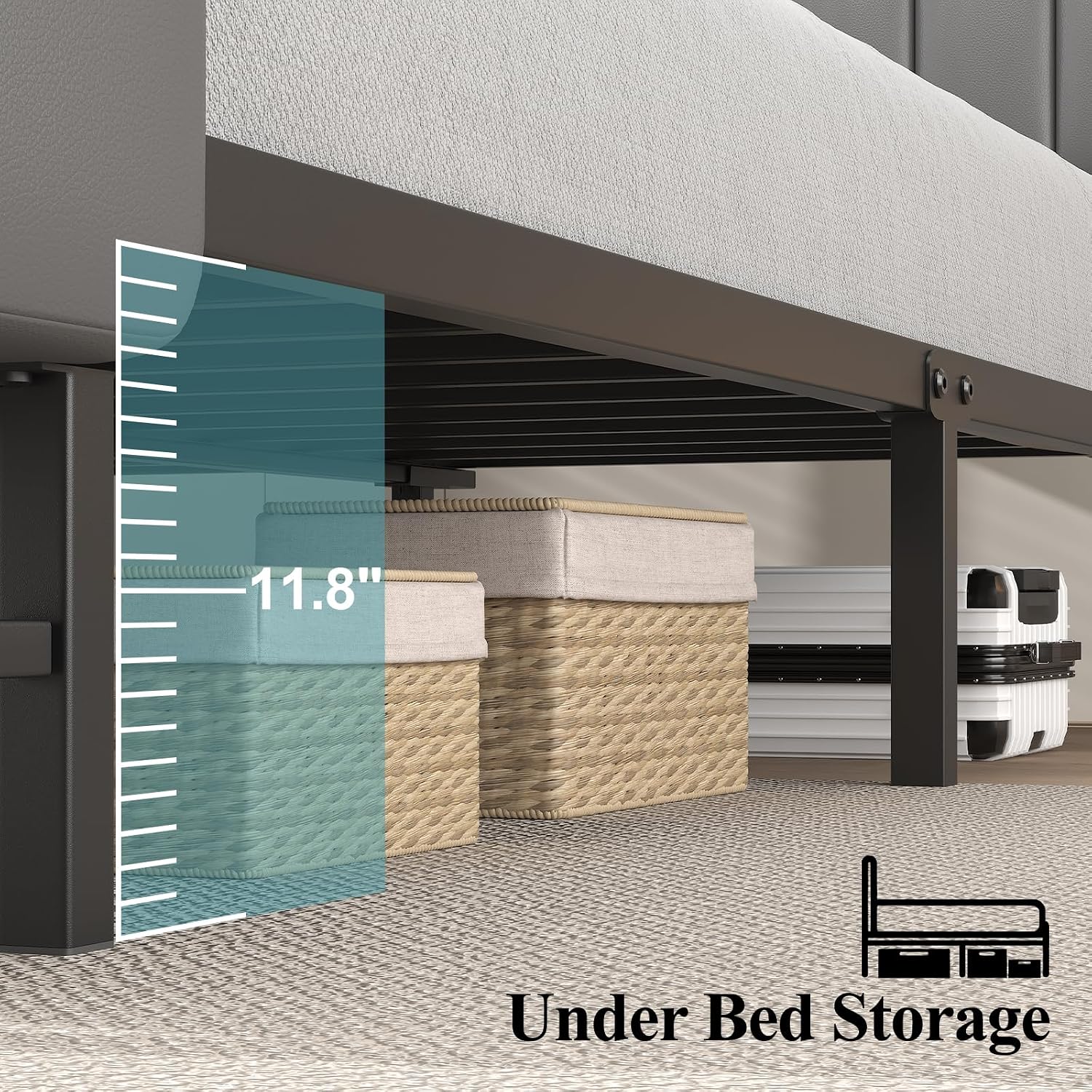 Full Size Bed Frame with Star Projector & Charging Station, PU Leather Upholstered Platform with 2-Tier Storage Headboard & Storage Ottoman, Metal Support, Noise-Free, No Box Spring Needed, Grey