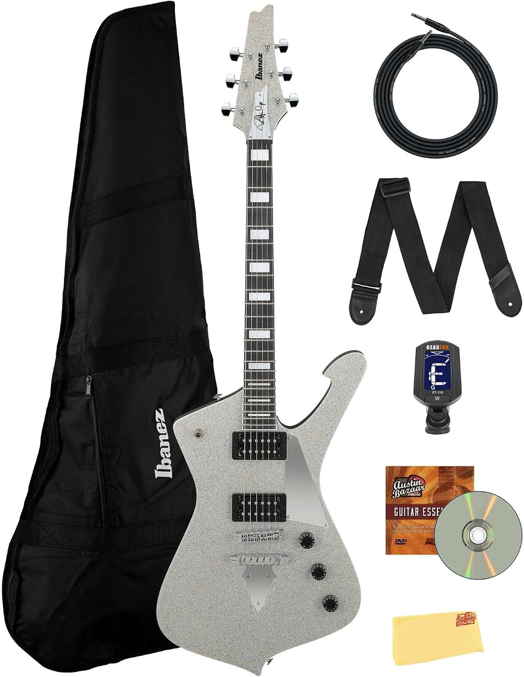 Ibanez PS60 Paul Stanley Electric Guitar - Silver Sparkle Bundle with Gig Bag, Tuner, Instrument Cable, Picks, Austin Bazaar Instructional DVD, and Polishing Cloth