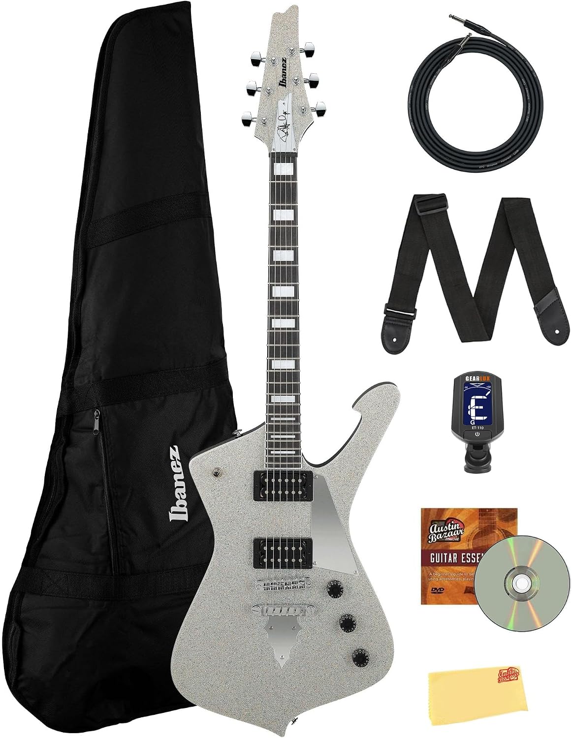 Ibanez PS60 Paul Stanley Electric Guitar - Silver Sparkle Bundle with Gig Bag, Tuner, Instrument Cable, Picks, Austin Bazaar Instructional DVD, and Polishing Cloth