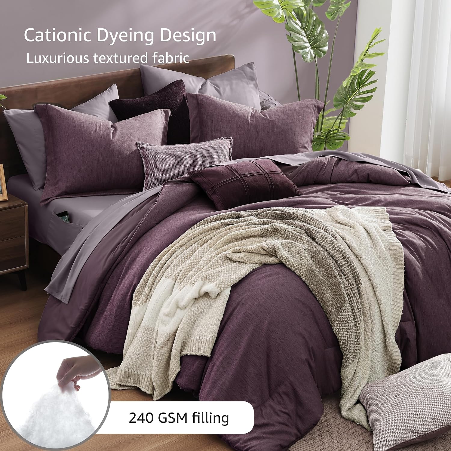 Monbix Super King Comforter Set, Italian Plum Cationic Dyeing Bedding Set Reversible, Bed in a Bag 7 Pieces with Comforter, Sheets, Pillowcases & Shams