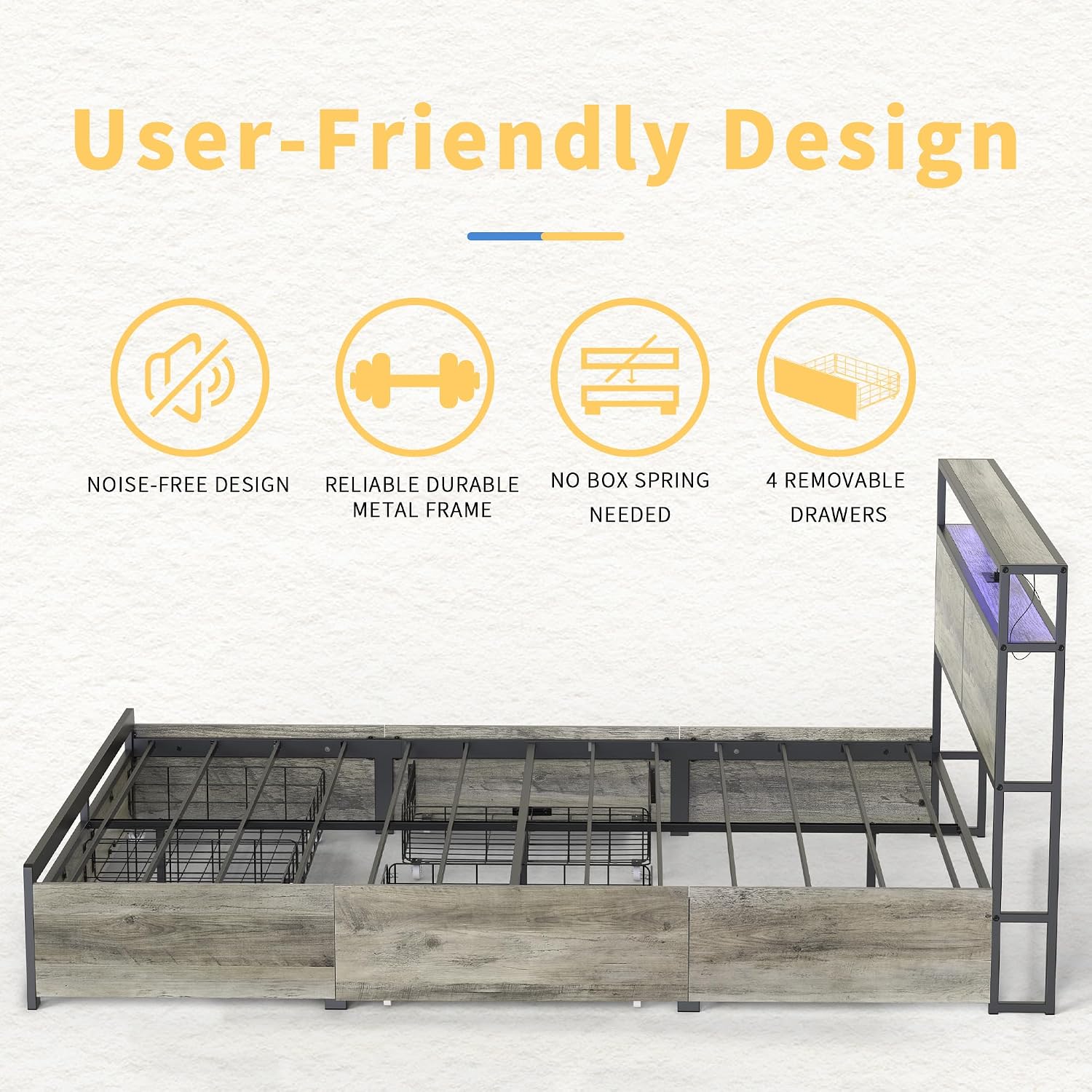 HAUSOURCE LED Bed Frame Full Size with Headboard & 4 Storage Drawers Platform Bed Frame with 2 Charging Outlets and 2 USB Ports Strong Metal Slats Support No Box Spring Needed,Greige