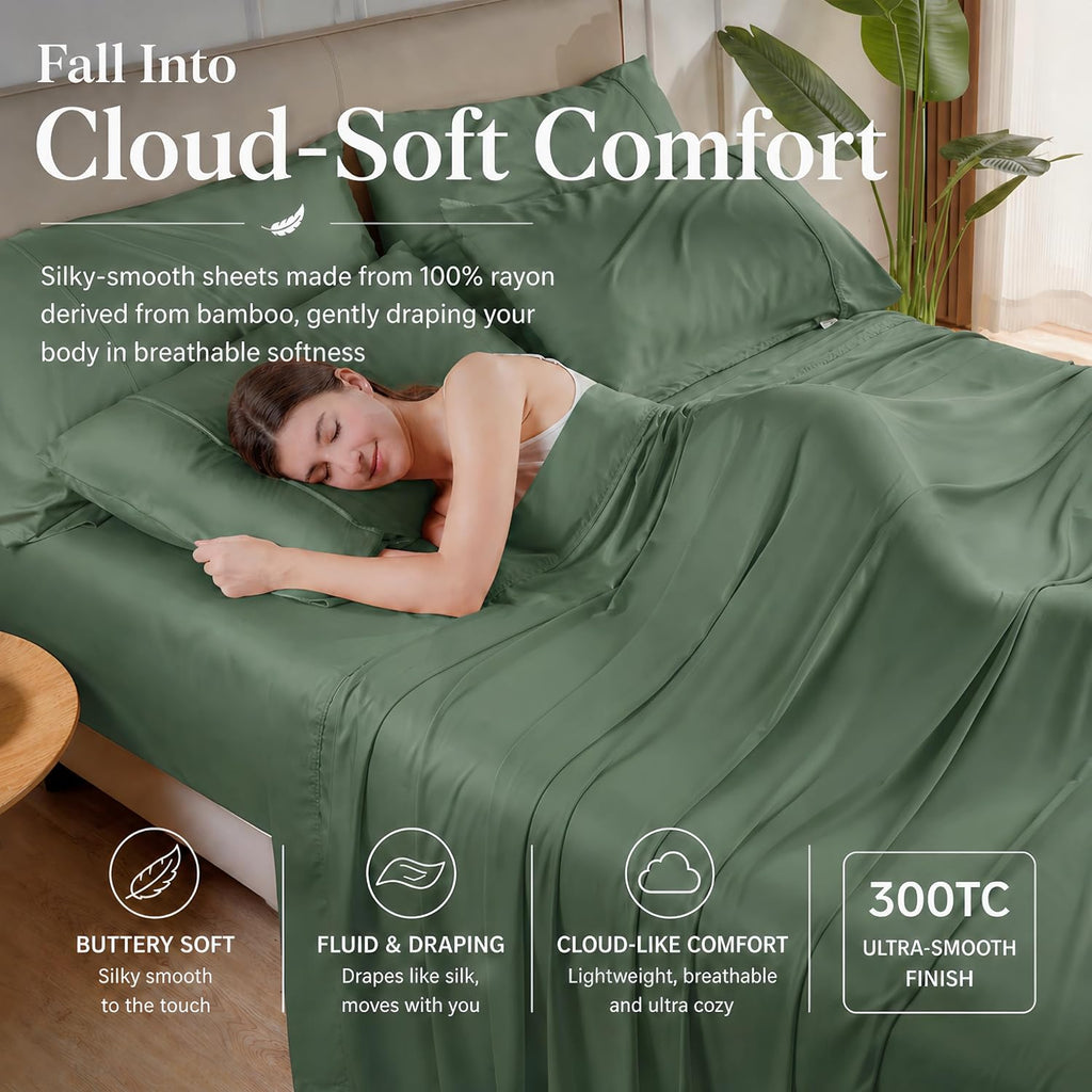 GOKOTTA Full Size Bed Sheets 4 Piece Set, 100% Rayon Derived from Bamboo, Cooling for Hot Sleepers-Luxury Breathable Soft Sheets, Deep Pocket 15' Fitted Sheet with Elastic Corner Straps, Green
