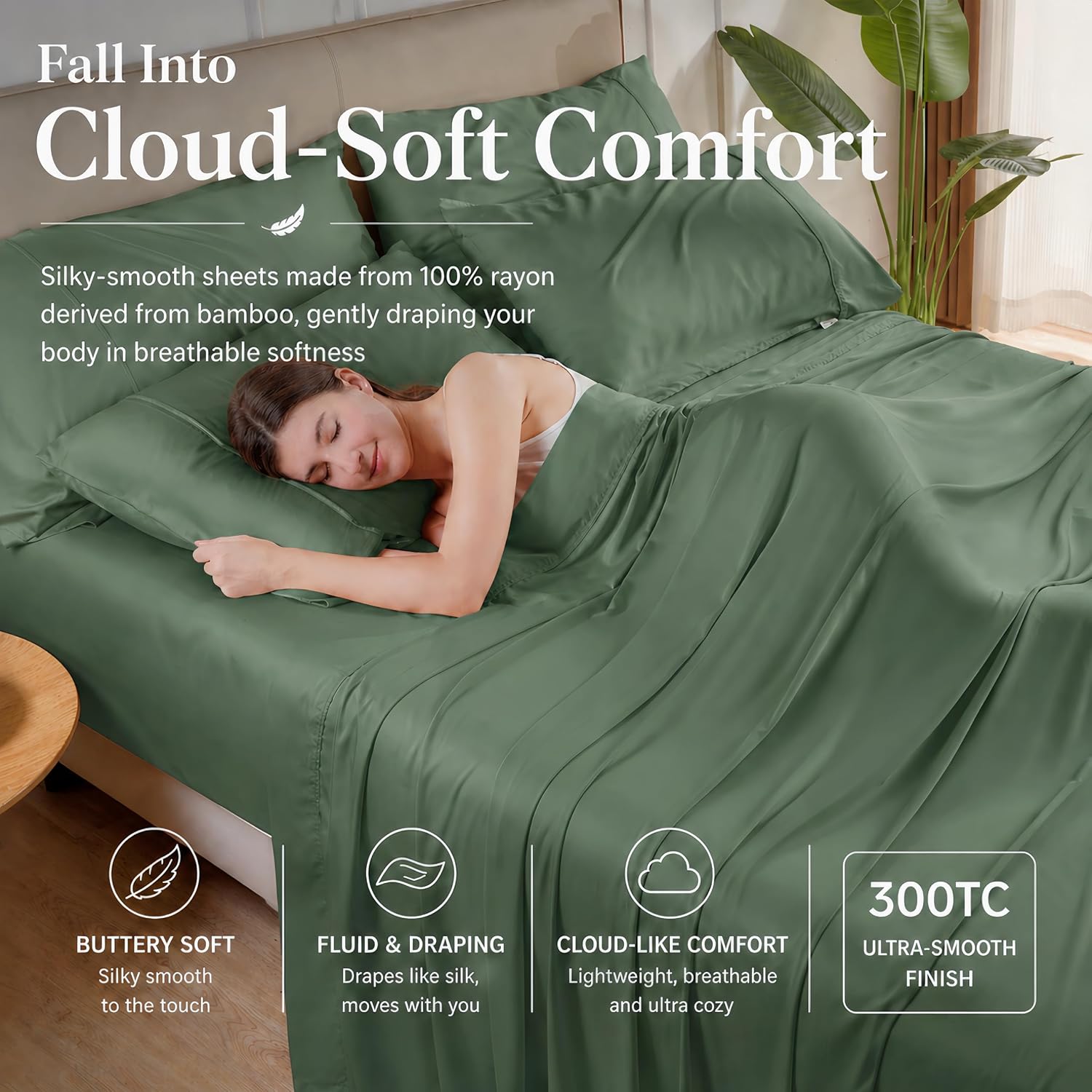 GOKOTTA Full Size Bed Sheets 4 Piece Set, 100% Rayon Derived from Bamboo, Cooling for Hot Sleepers-Luxury Breathable Soft Sheets, Deep Pocket 15' Fitted Sheet with Elastic Corner Straps, Green