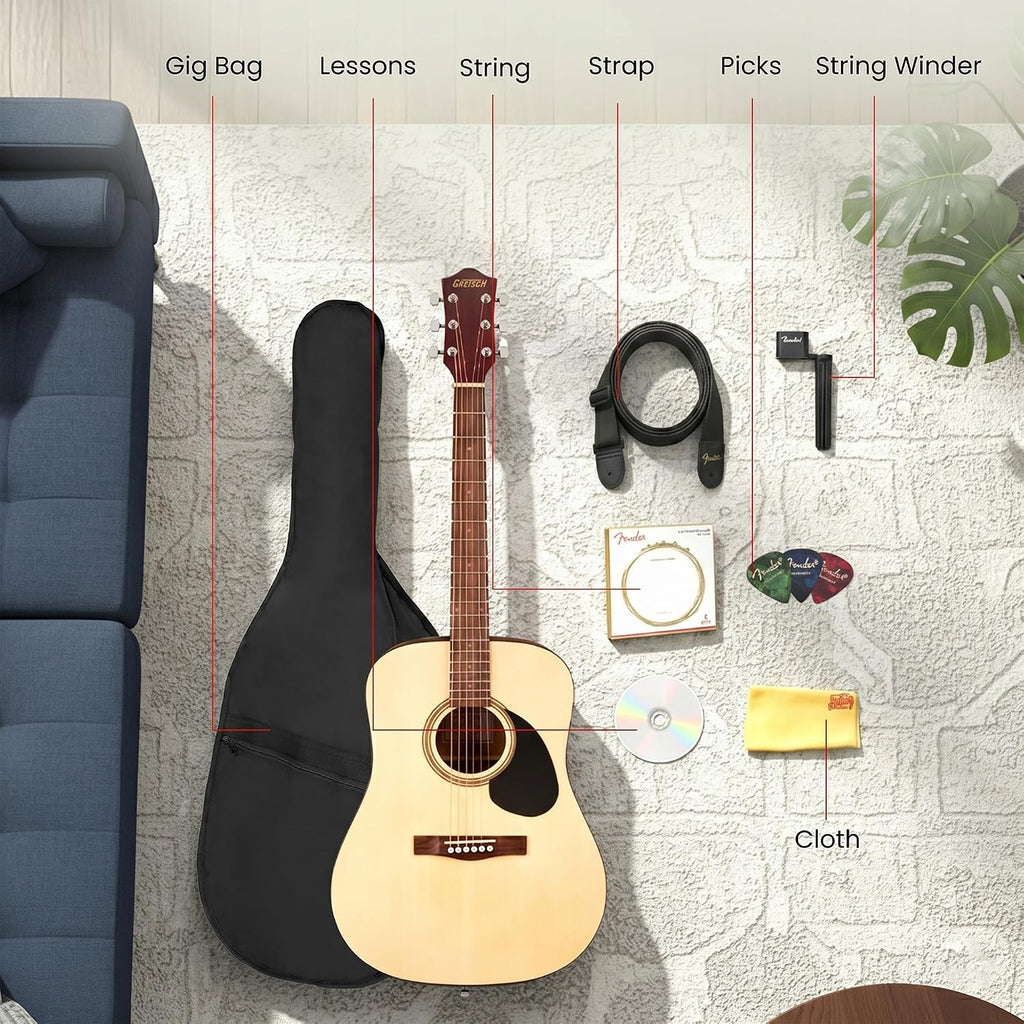 Gretsch Prelude D100 Dreadnought Acoustic Guitar - Natural Bundle with Gig Bag, Strap, Strings, String Winder, Picks, Austin Bazaar Instructional DVD, and Polishing Cloth