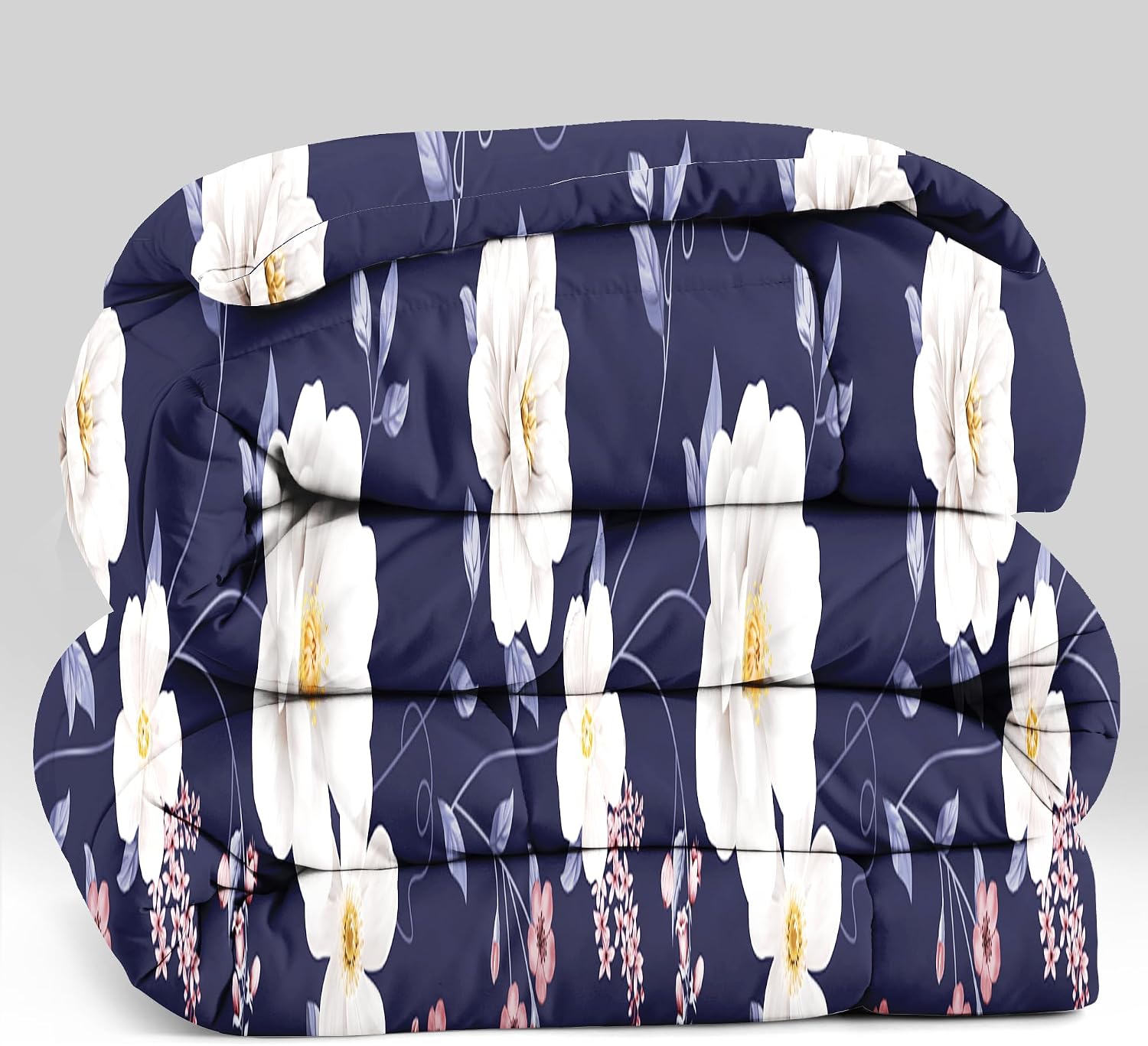 9 Pieces Bed in a Bag with Curtains,King Size,Navy Blue and White Flower,Coverlet Quilted Bed Throw,Bedcover,Machine Washable,Gift for Wedding and Fastival