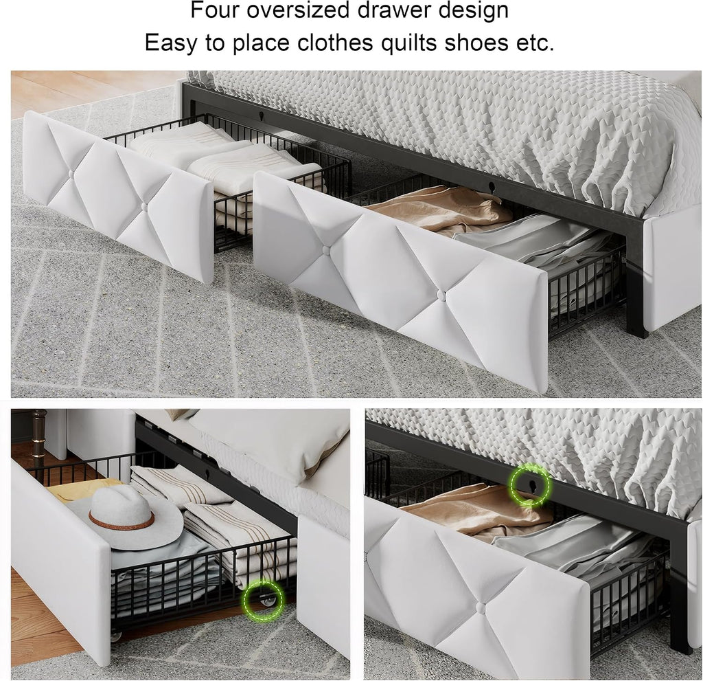Feonase Full Size Bed Frame with 4 Storage Drawers, Velvet Upholstered Platform Bed with Charging Station, Wingback Storage Headboard, Wooden Slats Support, No Box Spring Needed, Easy Assembly, White