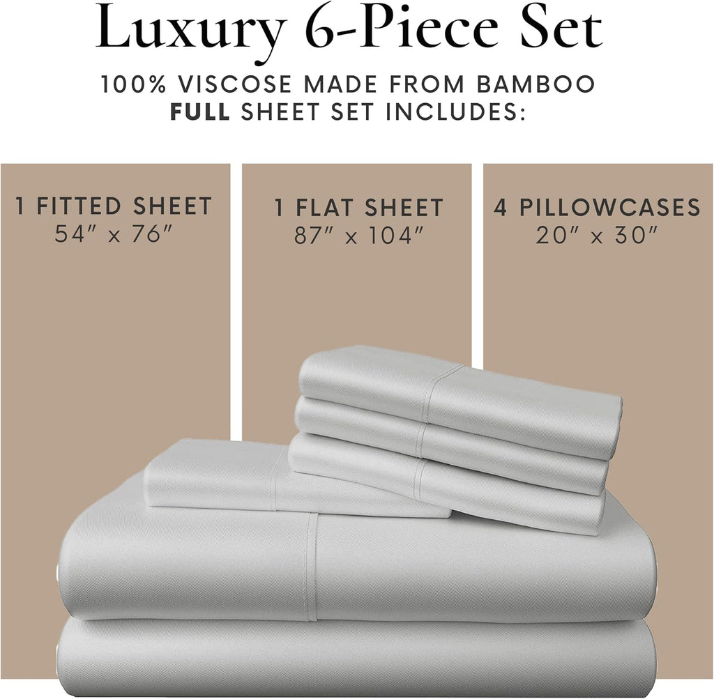 Bamboo Bay 6 Piece Full Size Sheet Set, 100% Viscose Made from Bamboo, Breathable, Ultra Soft Cooling Bed Sheets for Hot Sleepers, Beddings with Deep Pockets Fit 16' Mattress, Light Grey