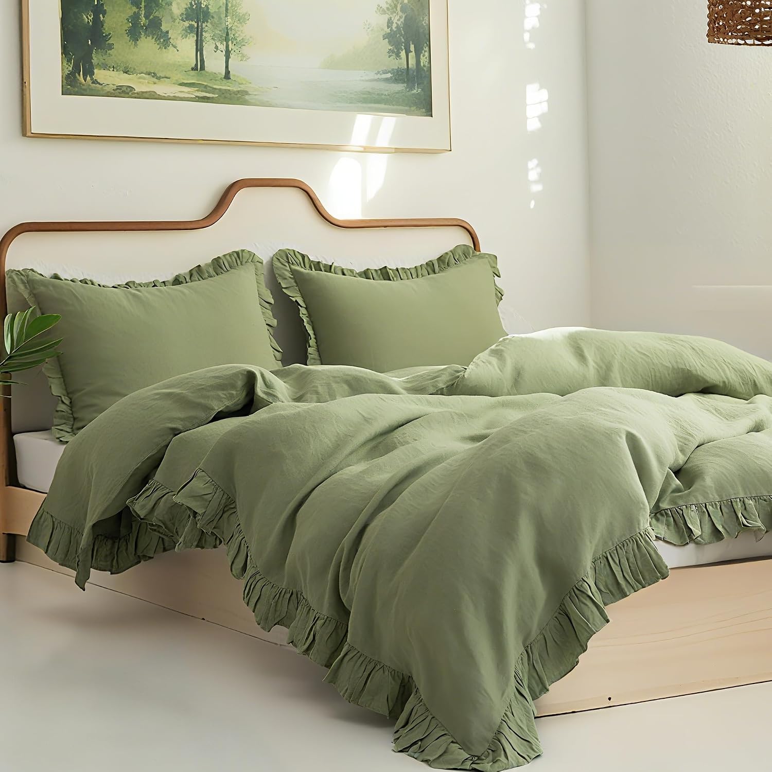 Simple&Opulence 100% Linen Duvet Cover Set, 3 PCS Natural French Flax Sage Green Ruffle Duvet Cover King Size, Breathable Comfy Linen Bedding Comforter Cover with 2 Pillowcases(Sage Green, 104' X 92')