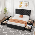 Full Size Bed Frame with 4 Storage Drawers, Linen Upholstered Platform Bed Frame with Headboard and Footboard, Wooden Slats Support, Diamond Stitched Button Tufted, No Box Spring Needed, Black