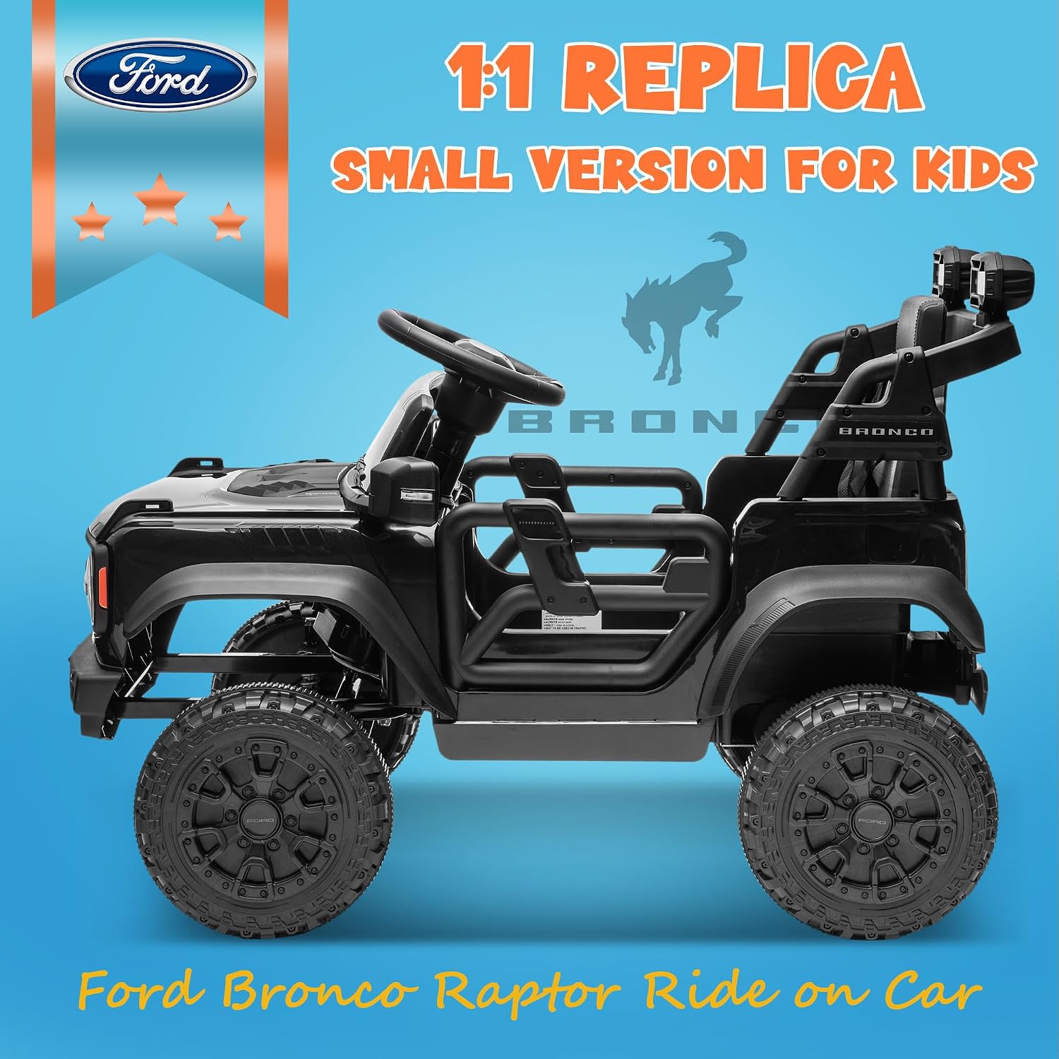 ENYOPRO 12V Licensed Ford Bronco Raptor Ride on Car for Kids, Battery Powered Electric Car for Toddlers w/Remote Control, Spring Suspension, Seat Belt, Bluetooth, Horn, LED Lights, Radio (Black)