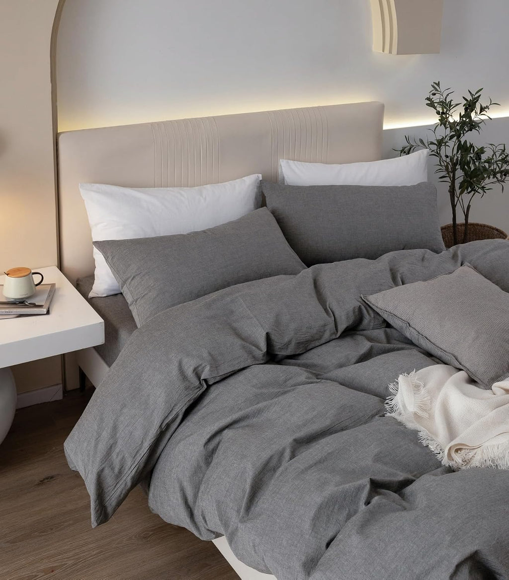 JIYUAN Alaska King Duvet Cover Set, 3-Piece - 100% Washed Cotton, Linen-Like Soft & Breathable with Zipper Closure, Includes 132x120 Inch Cover & 2 Pillowcases, Heathered Dark Grey