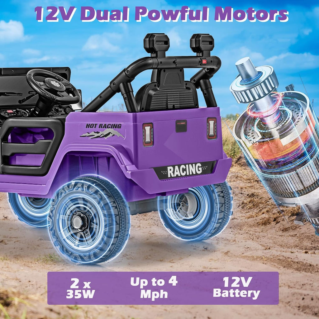 OLAKIDS Ride on Truck, 12V Battery Powered Electric Vehicle for Kids with Remote Control, Bluetooth, Power Display, LED Lights, Music Player, Ride on Toy for 3+ Boys Girls (Purple)
