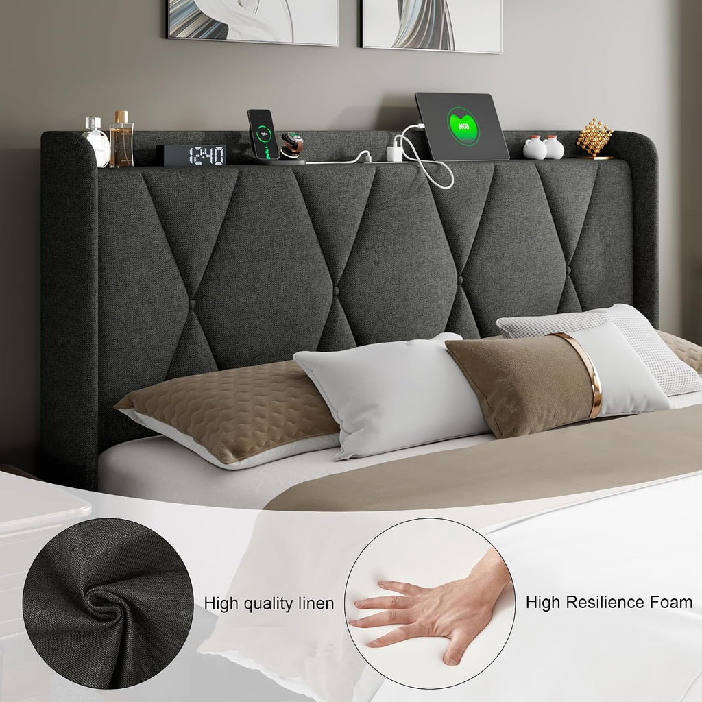 Feonase Full Size Bed Frame with 4 Storage Drawers, Upholstered Platform Bed with Charging Station, Wingback Storage Headboard, Wooden Slats Support, No Box Spring Needed, Easy Assembly, Dark Grey