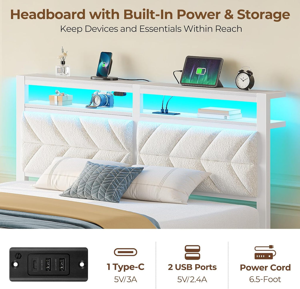 Seventable Queen Bed Frame with 4 Storage Drawers, Charging Station & LED Lights, Upholstered Headboard with 2-Tier Shelves, Metal Platform Bed, No Box Spring Needed, Noise-Free, White